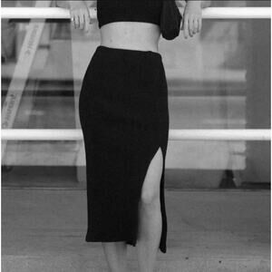 Womn Black Michelle Ribbed Side Slit Cotton Midi Skirt